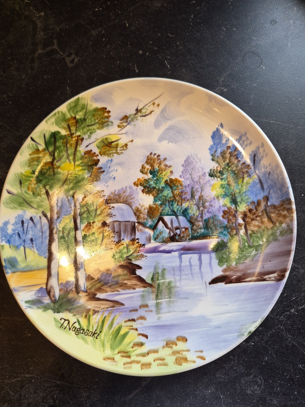 Vintage Signed T.Nagasaki Hand Painted Japanese Landscape Plate-Crazed